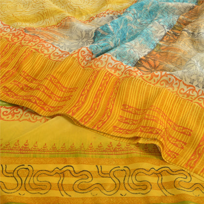 Sanskriti Vintage Sarees Yellow Pure Crepe Silk Printed Sari Floral Craft Fabric