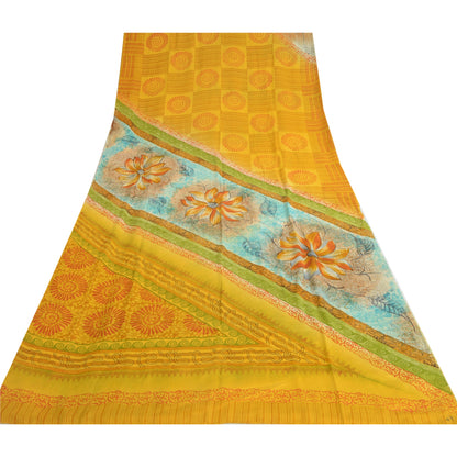 Sanskriti Vintage Sarees Yellow Pure Crepe Silk Printed Sari Floral Craft Fabric