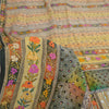 Sanskriti Vintage Sarees Yellow Hand Beaded Kantha Pure Crepe Silk Sari Fabric