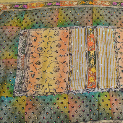 Sanskriti Vintage Sarees Yellow Hand Beaded Kantha Pure Crepe Silk Sari Fabric