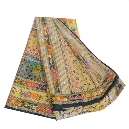 Sanskriti Vintage Sarees Yellow Hand Beaded Kantha Pure Crepe Silk Sari Fabric