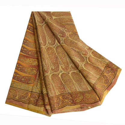 Sanskriti Vintage Sarees Saffron Pure Crepe Silk Paisley Print Sari Craft Fabric