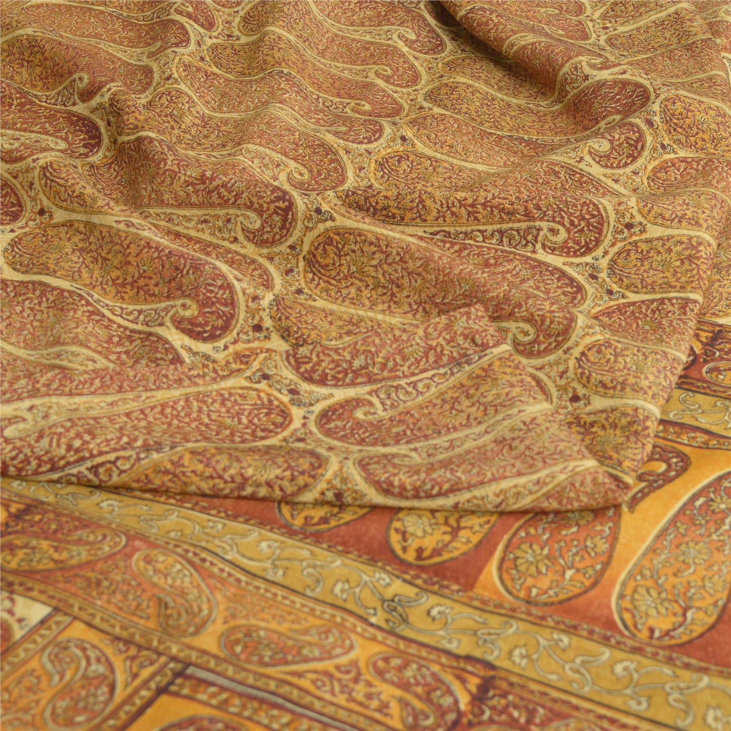 Sanskriti Vintage Sarees Saffron Pure Crepe Silk Paisley Print Sari Craft Fabric