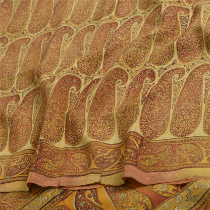 Sanskriti Vintage Sarees Saffron Pure Crepe Silk Paisley Print Sari Craft Fabric