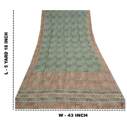 Sanskriti Vintage Sarees Green/Brown Pure Crepe Silk Printed Sari Craft Fabric