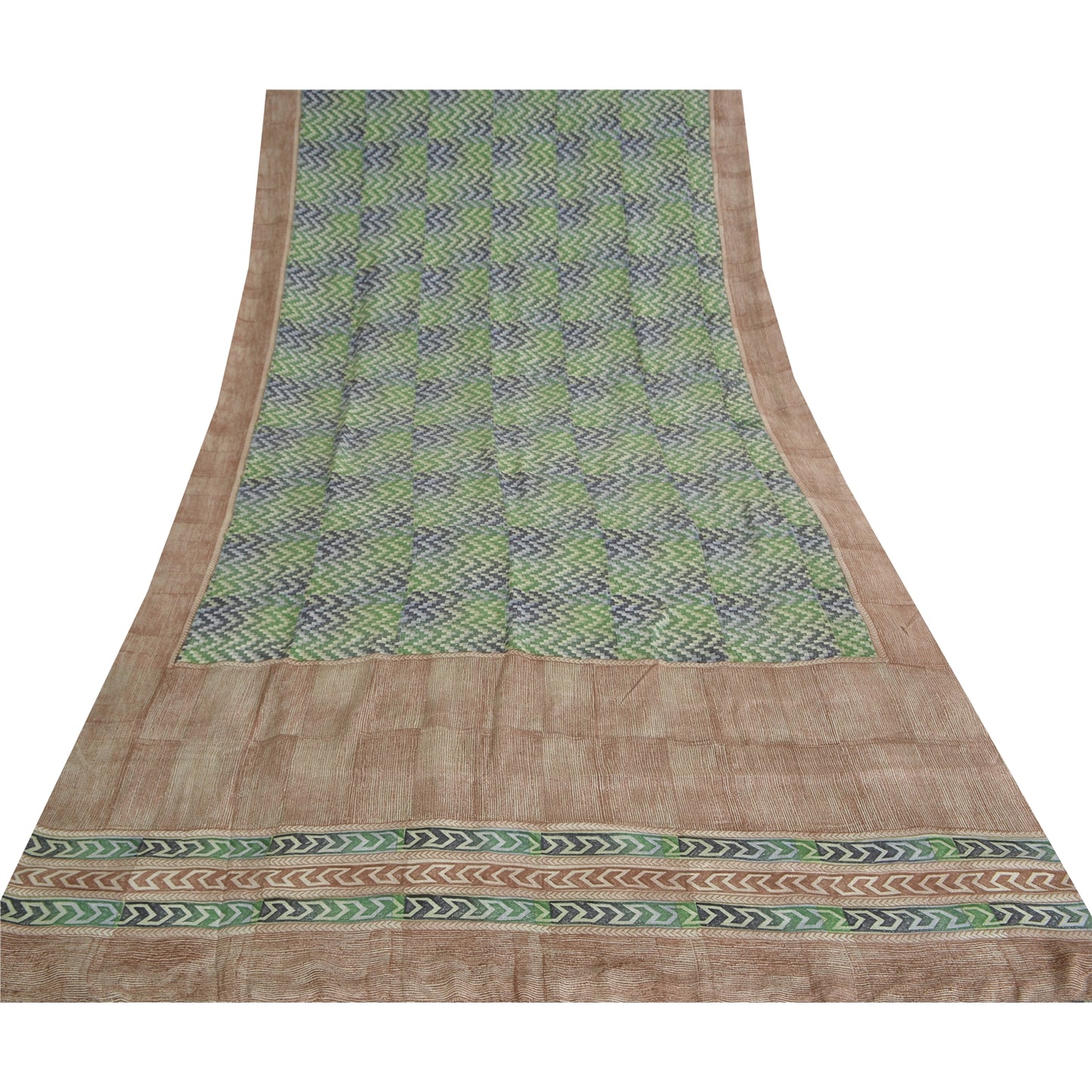 Sanskriti Vintage Sarees Green/Brown Pure Crepe Silk Printed Sari Craft Fabric