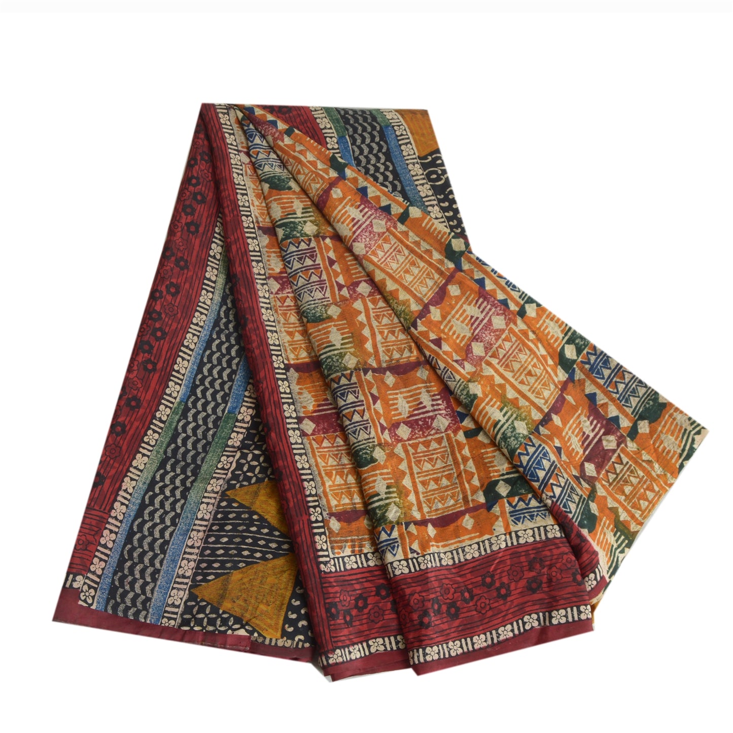 Sanskriti Vintage Sarees Multi Pure Crepe Silk Geometric Print Sari Craft Fabric