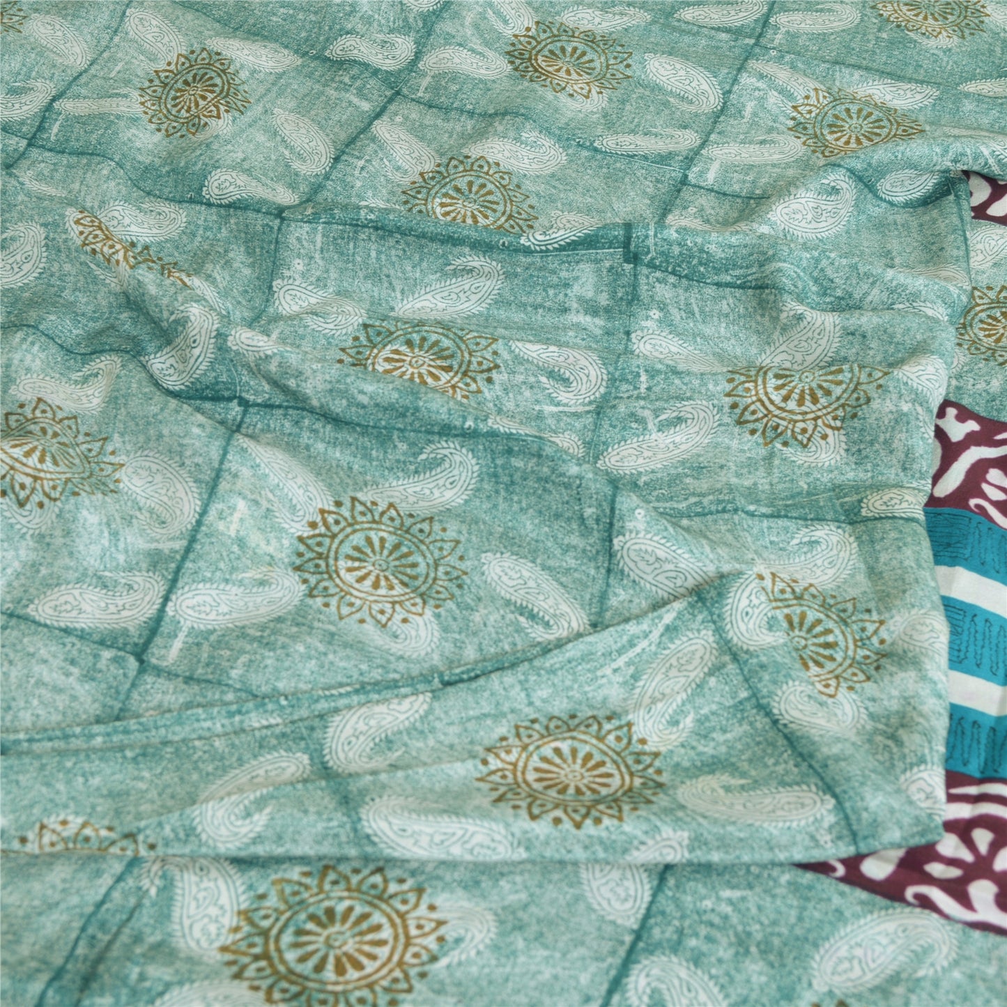 Sanskriti Vintage Sarees Indian Blue Pure Crepe Silk Printed Sari Craft Fabric