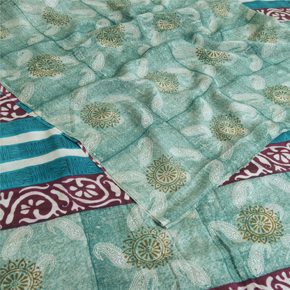 Sanskriti Vintage Sarees Indian Blue Pure Crepe Silk Printed Sari Craft Fabric