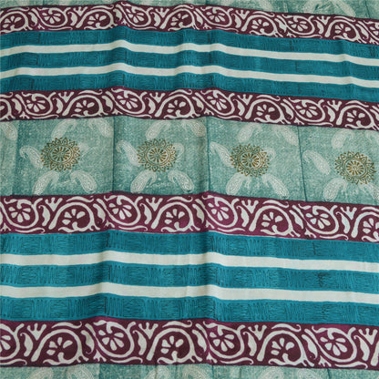 Sanskriti Vintage Sarees Indian Blue Pure Crepe Silk Printed Sari Craft Fabric