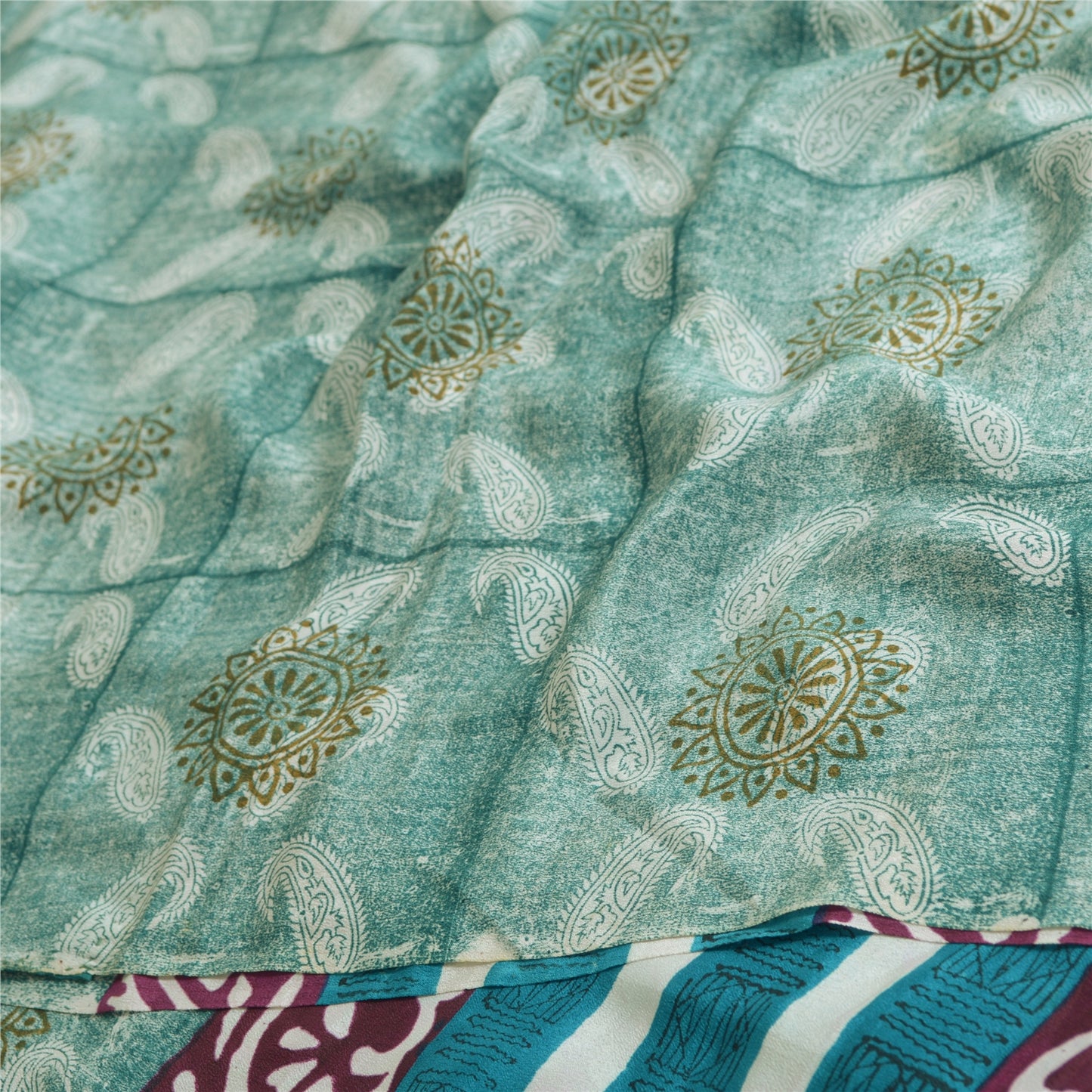 Sanskriti Vintage Sarees Indian Blue Pure Crepe Silk Printed Sari Craft Fabric