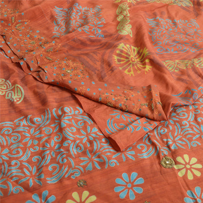 Sanskriti Vintage Sarees Orange 100% Pure Crepe Silk Printed Sari Craft Fabric