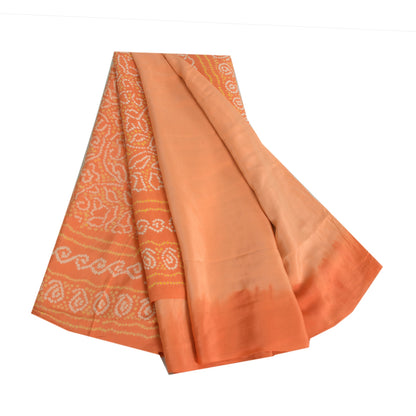 Sanskriti Vintage Sarees Peach Bandhani Print Pure Crepe Silk Sari Craft Fabric