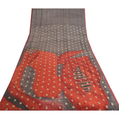 Sanskriti Vintage Sarees Gray Embroidered Printed Pure Crepe Sari Craft Fabric