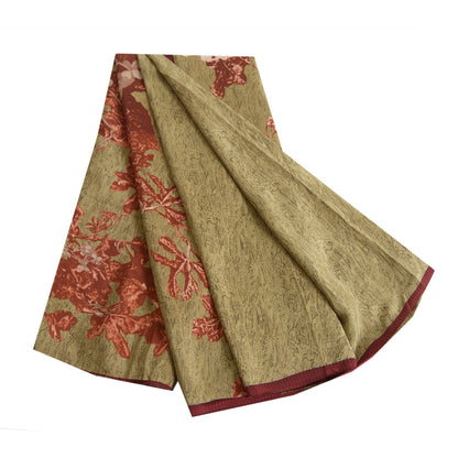 Sanskriti Vintage Sarees Olive Green/Red Print Pure Crepe Silk Sari Craft Fabric