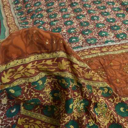 Sanskriti Vintage Sarees Multi Hand Beaded Pure Crepe Silk Printed Sari Fabric