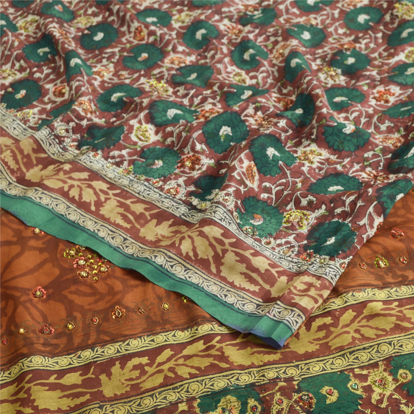 Sanskriti Vintage Sarees Multi Hand Beaded Pure Crepe Silk Printed Sari Fabric