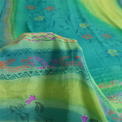 Sanskriti Vintage Sarees Blue/Green Pure Crepe Silk Printed Sari Craft Fabric