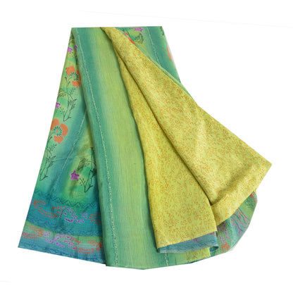 Sanskriti Vintage Sarees Blue/Green Pure Crepe Silk Printed Sari Craft Fabric