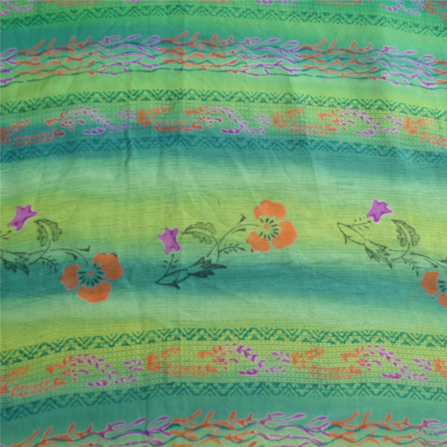 Sanskriti Vintage Sarees Blue/Green Pure Crepe Silk Printed Sari Craft Fabric