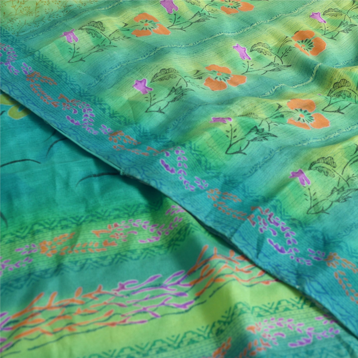 Sanskriti Vintage Sarees Blue/Green Pure Crepe Silk Printed Sari Craft Fabric