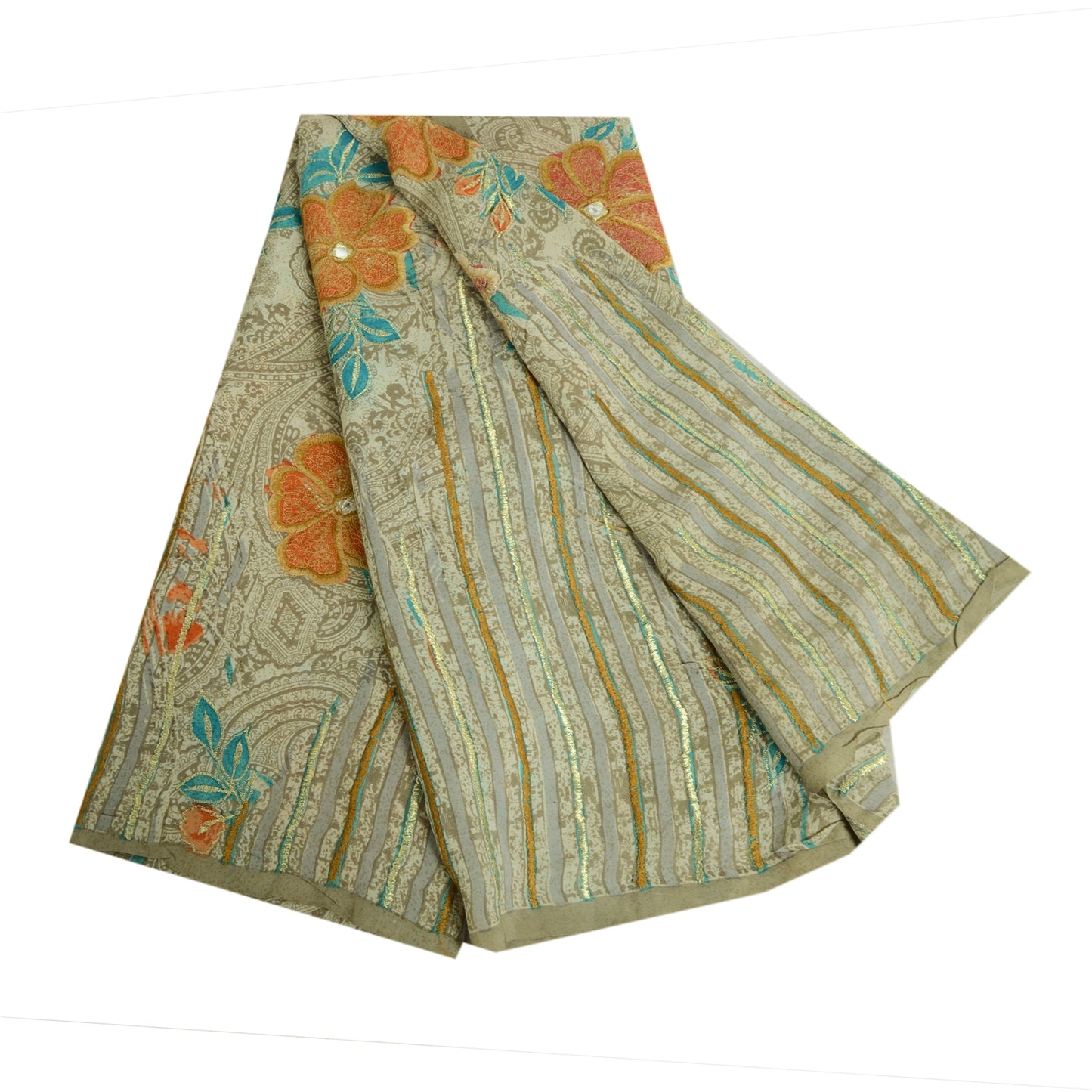 Sanskriti Vintage Sarees Pastel-Green Pure Crepe Embroidered Printed Sari Fabric