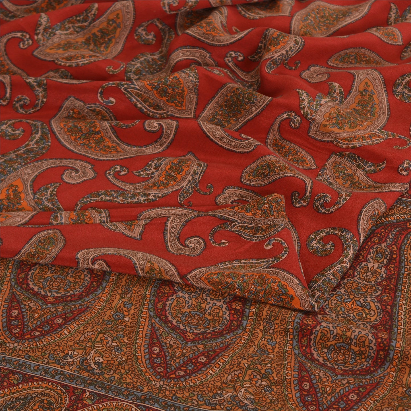 Sanskriti Vintage Sarees Pure Crepe Silk Reddish-Orange Print Sari Craft Fabric