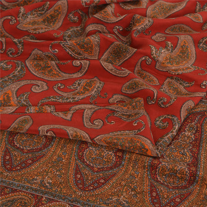 Sanskriti Vintage Sarees Pure Crepe Silk Reddish-Orange Print Sari Craft Fabric