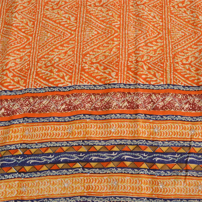 Sanskriti Vintage Sarees Orange Pure Crepe Silk Printed Sari 5yd Craft Fabric