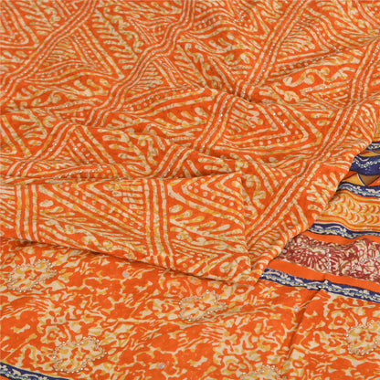 Sanskriti Vintage Sarees Orange Pure Crepe Silk Printed Sari 5yd Craft Fabric