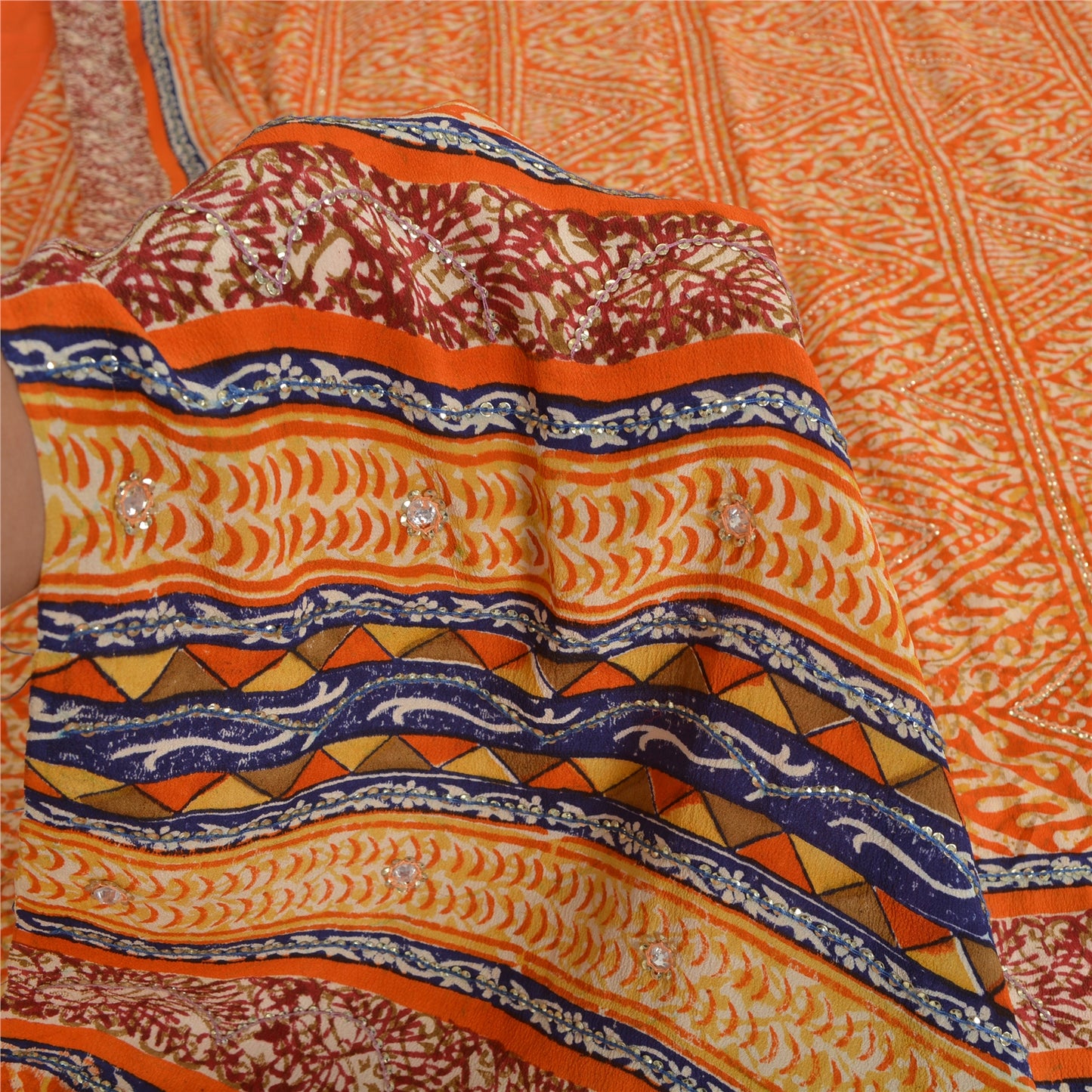 Sanskriti Vintage Sarees Orange Pure Crepe Silk Printed Sari 5yd Craft Fabric