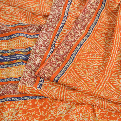 Sanskriti Vintage Sarees Orange Pure Crepe Silk Printed Sari 5yd Craft Fabric