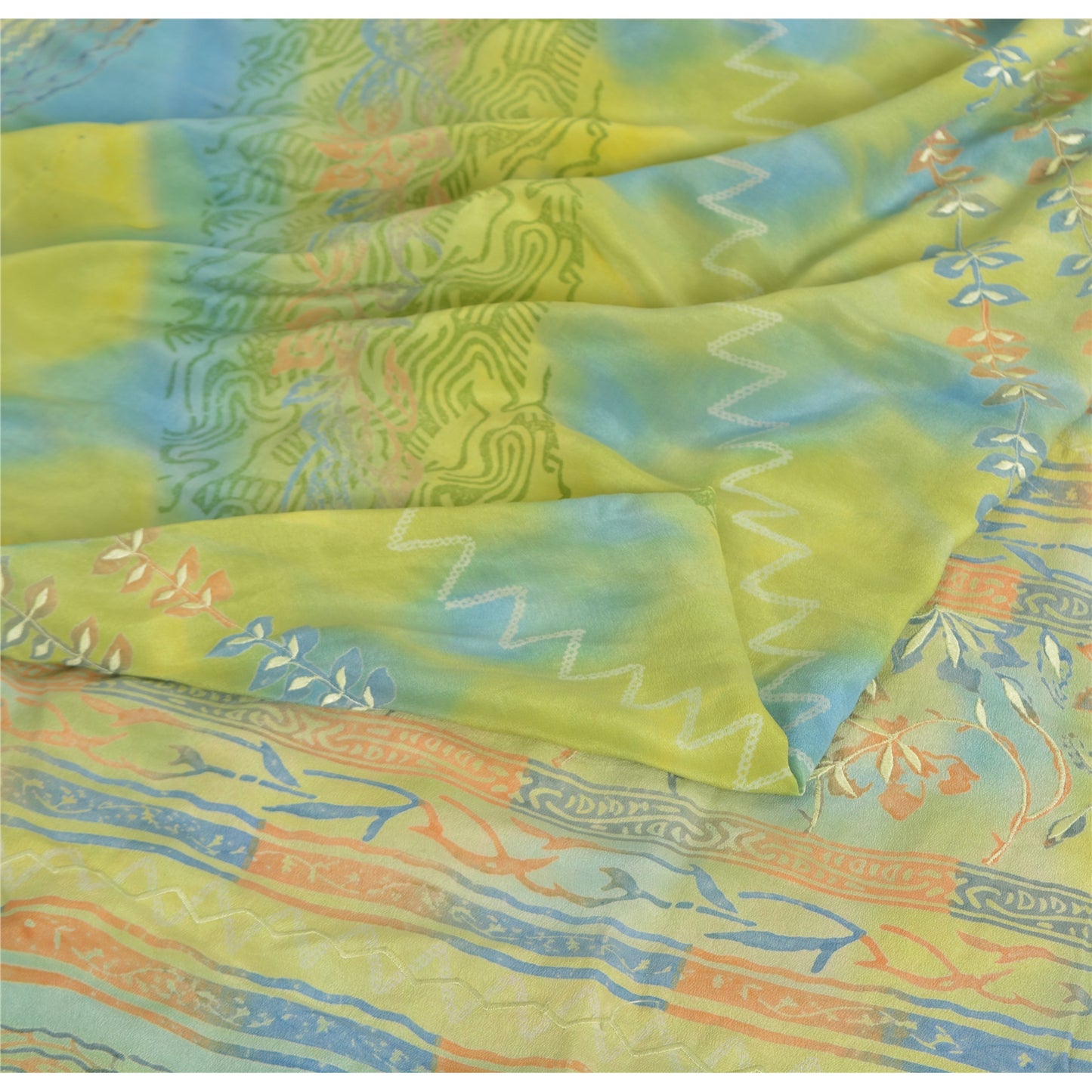 Sanskriti Vintage Sarees Green Pure Crepe Silk Printed Sari Floral Craft Fabric