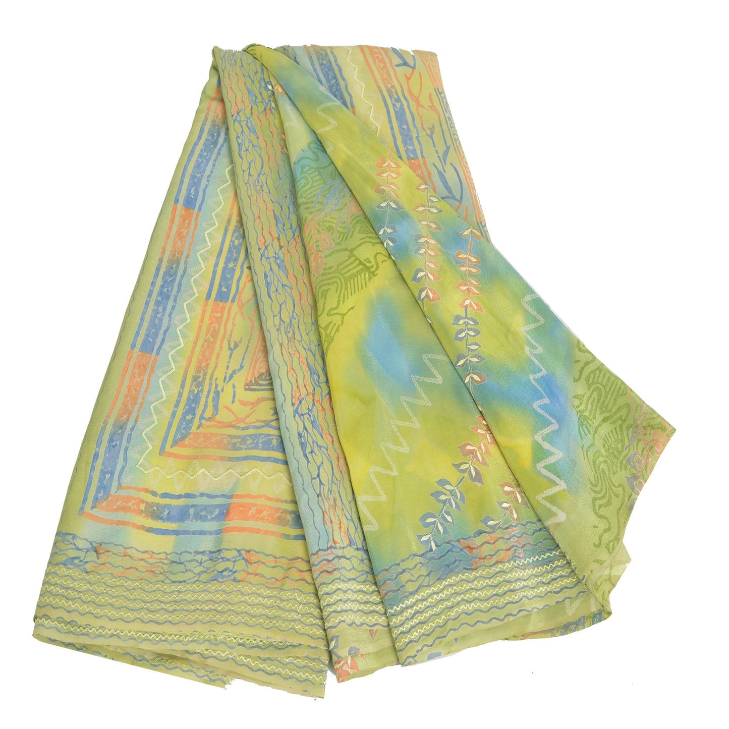 Sanskriti Vintage Sarees Green Pure Crepe Silk Printed Sari Floral Craft Fabric