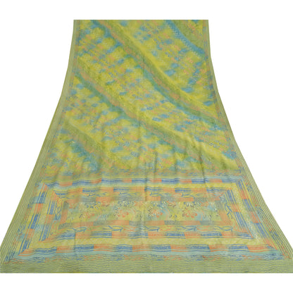 Sanskriti Vintage Sarees Green Pure Crepe Silk Printed Sari Floral Craft Fabric