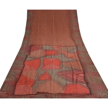 Sanskriti Vintage Sarees Brown 100% Pure Crepe Silk Printed Sari Craft Fabric