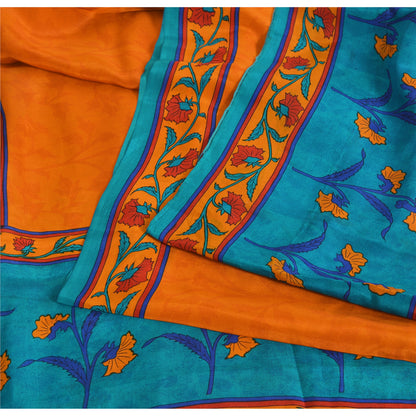 Sanskriti Vintage Sarees Orange/Blue Pure Crepe Silk Print Sari 5yd Craft Fabric