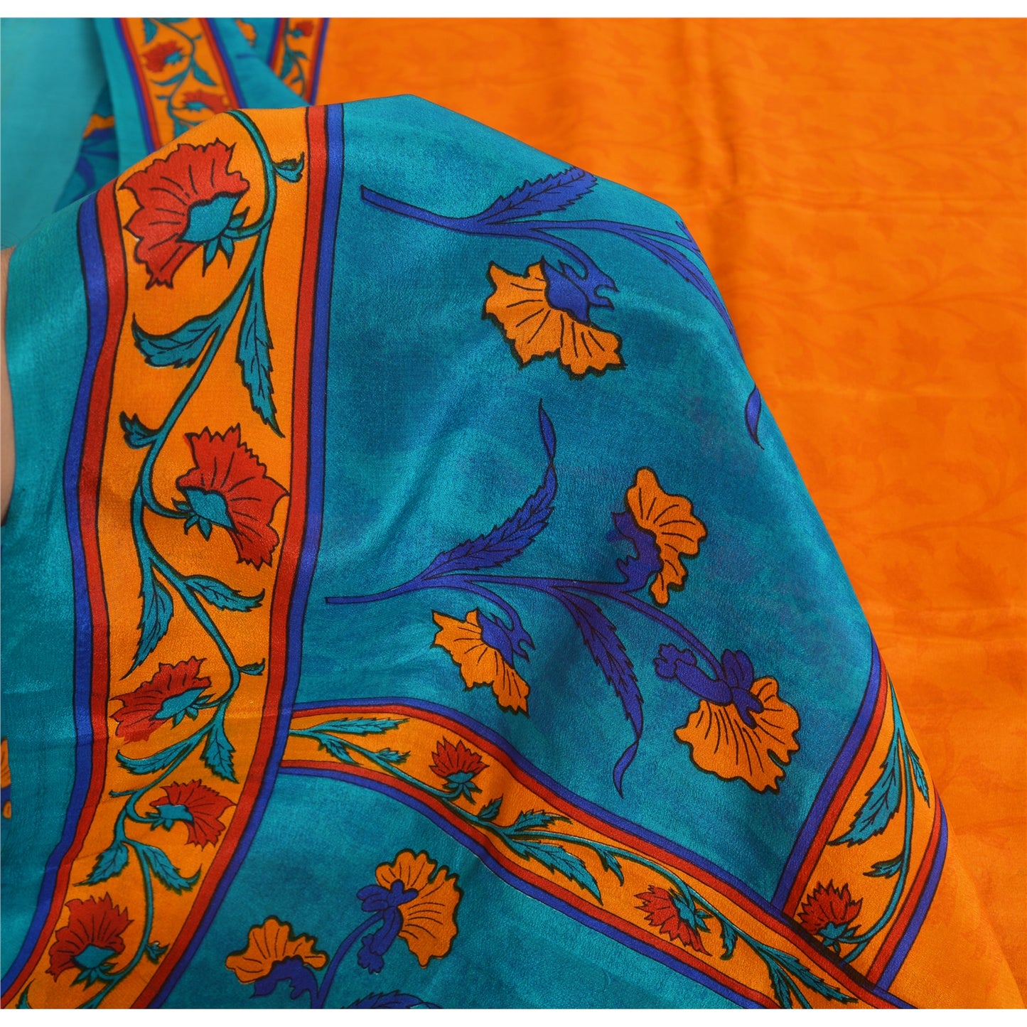 Sanskriti Vintage Sarees Orange/Blue Pure Crepe Silk Print Sari 5yd Craft Fabric