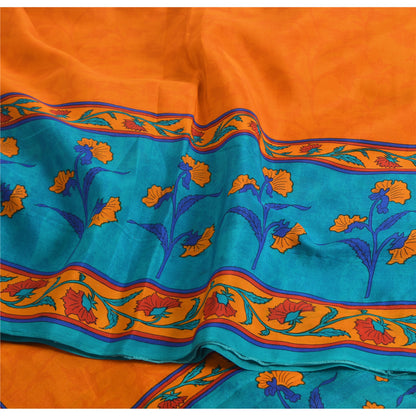 Sanskriti Vintage Sarees Orange/Blue Pure Crepe Silk Print Sari 5yd Craft Fabric