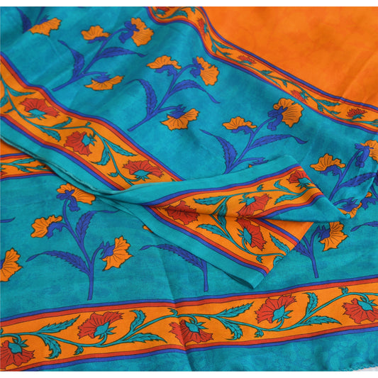 Sanskriti Vintage Sarees Orange/Blue Pure Crepe Silk Print Sari 5yd Craft Fabric