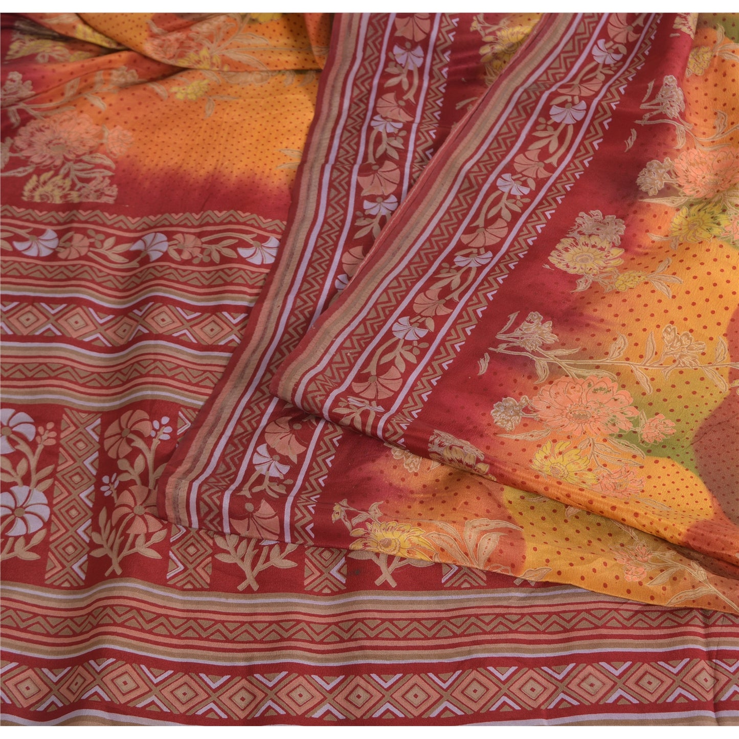 Sanskriti Vintage Sarees Multi Pure Crepe Silk Printed Sari 5yd Craft Fabric