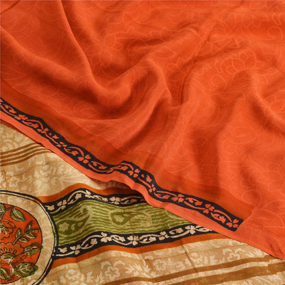 Sanskriti Vintage Sarees Orange Pure Crepe Silk Printed Sari 5yd Craft Fabric