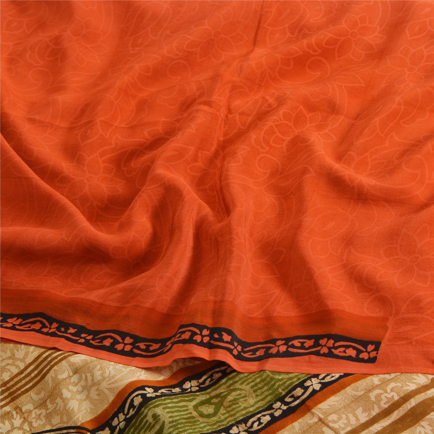 Sanskriti Vintage Sarees Orange Pure Crepe Silk Printed Sari 5yd Craft Fabric