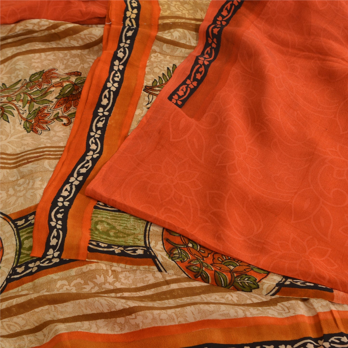 Sanskriti Vintage Sarees Orange Pure Crepe Silk Printed Sari 5yd Craft Fabric