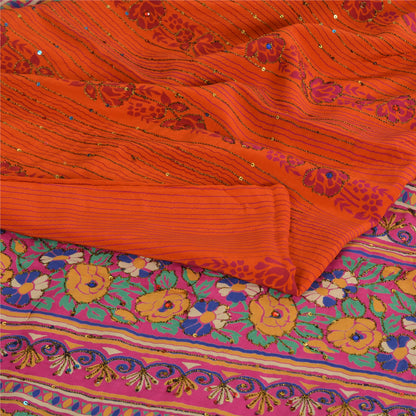 Sanskriti Vintage Sarees Orange Hand Beaded Pure Crepe Silk Printed Sari Fabric