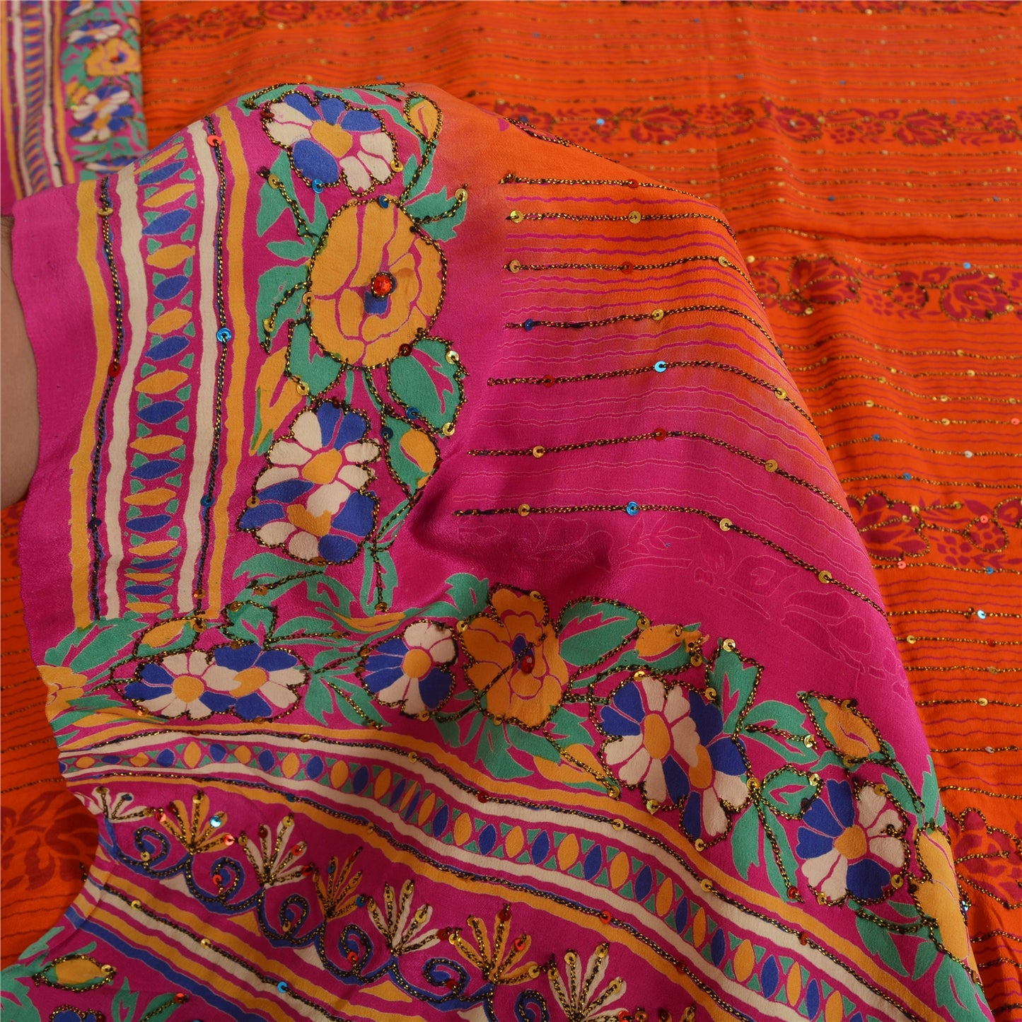 Sanskriti Vintage Sarees Orange Hand Beaded Pure Crepe Silk Printed Sari Fabric