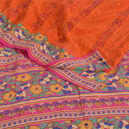 Sanskriti Vintage Sarees Orange Hand Beaded Pure Crepe Silk Printed Sari Fabric