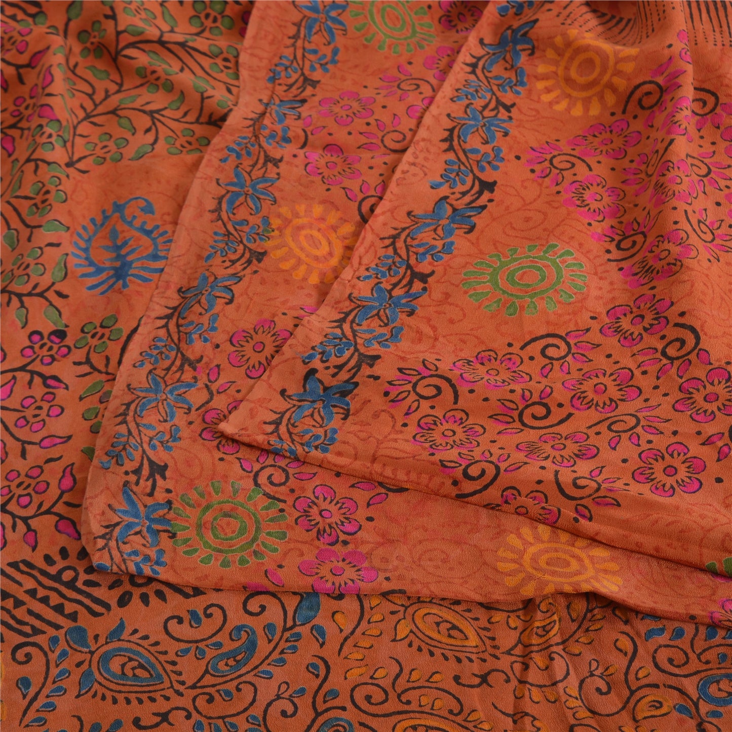 Sanskriti Vintage Sarees Rusty Orange 100% Pure Crepe Silk Printed Sari Fabric