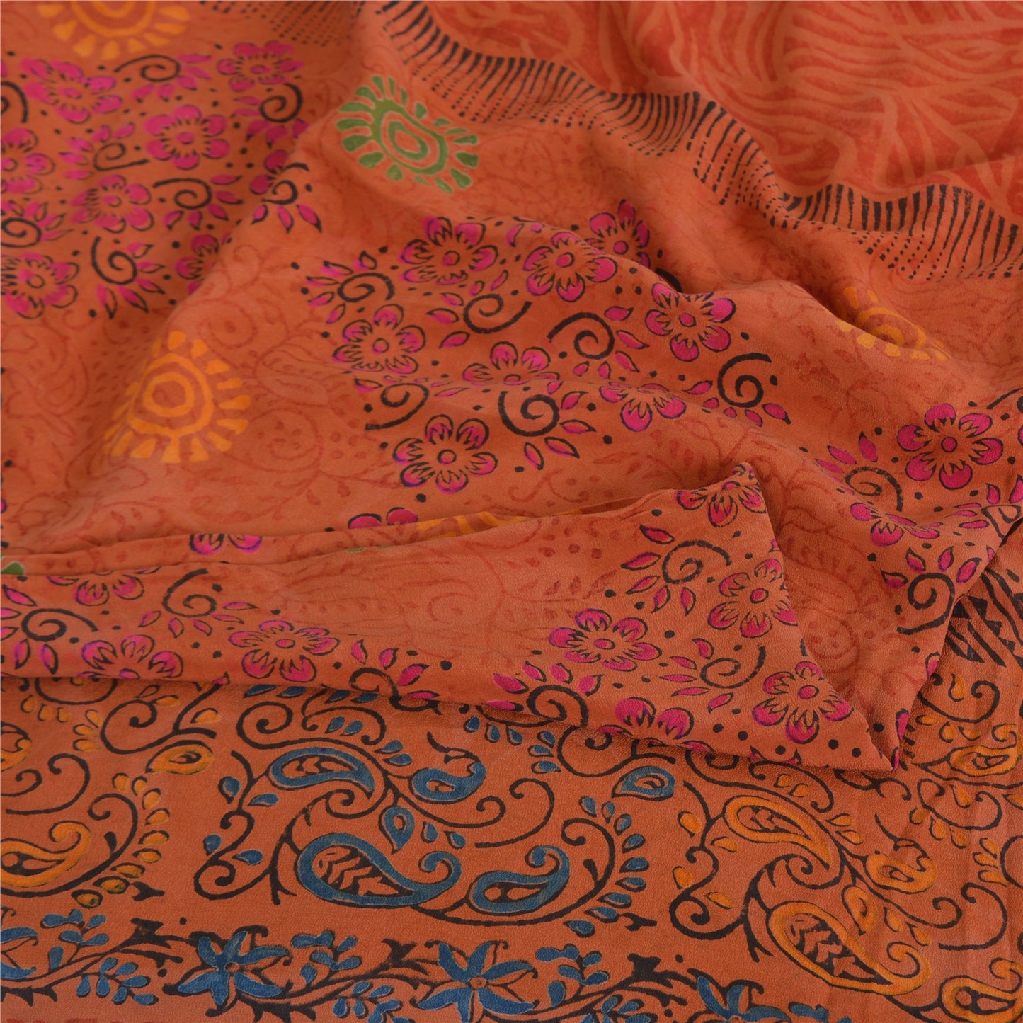 Sanskriti Vintage Sarees Rusty Orange 100% Pure Crepe Silk Printed Sari Fabric