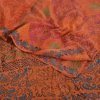 Sanskriti Vintage Sarees Rusty Orange 100% Pure Crepe Silk Printed Sari Fabric